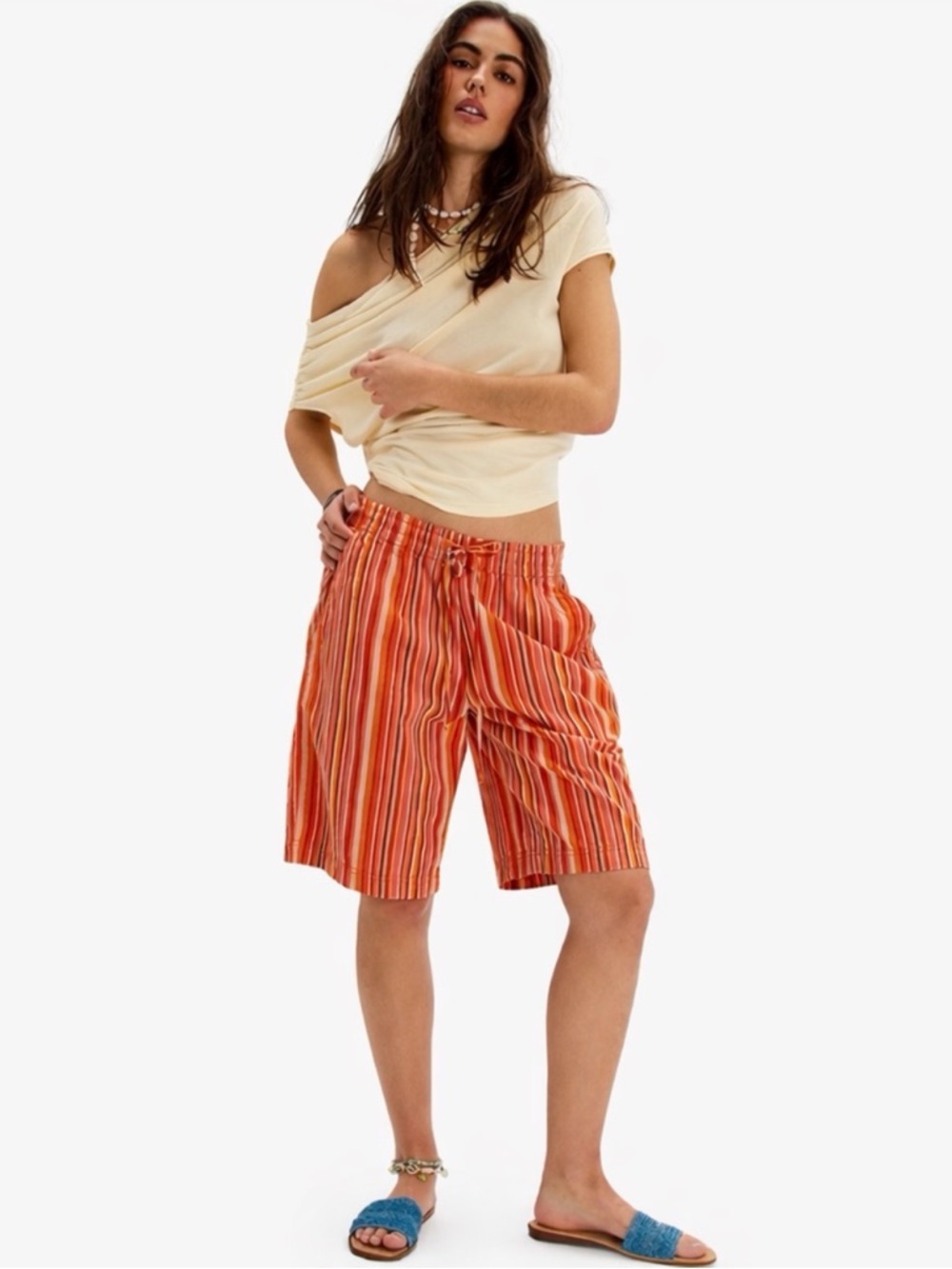 Free People Saylor Poplin Stripe Shorts in Mango Combo ~ Size Medium ~ NWT
